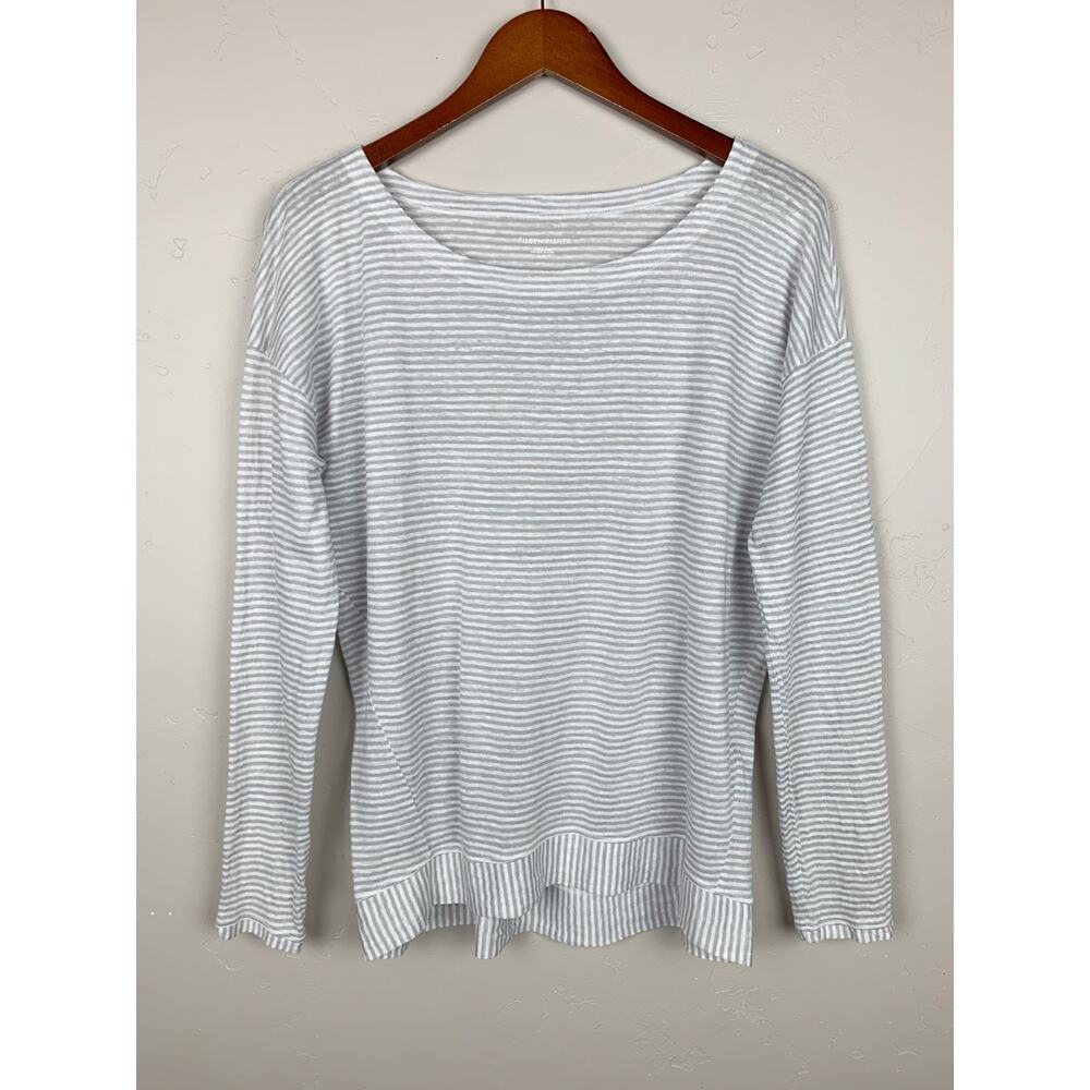 Eileen Fisher Long Sleeve Top Gray White Striped Organic Linen Women's M